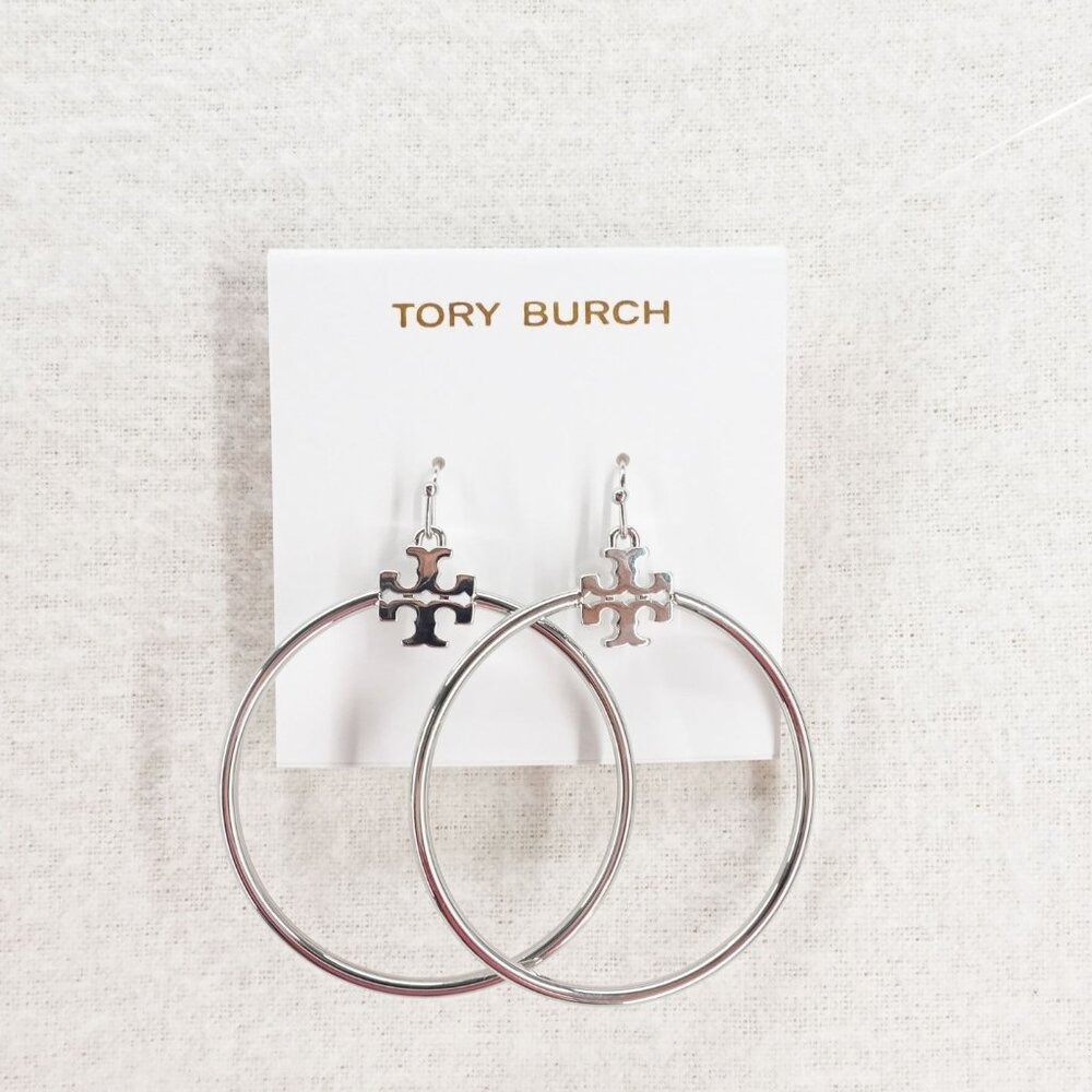 Tory Burch Stacked T Logo Hoop Earrings Silver OS